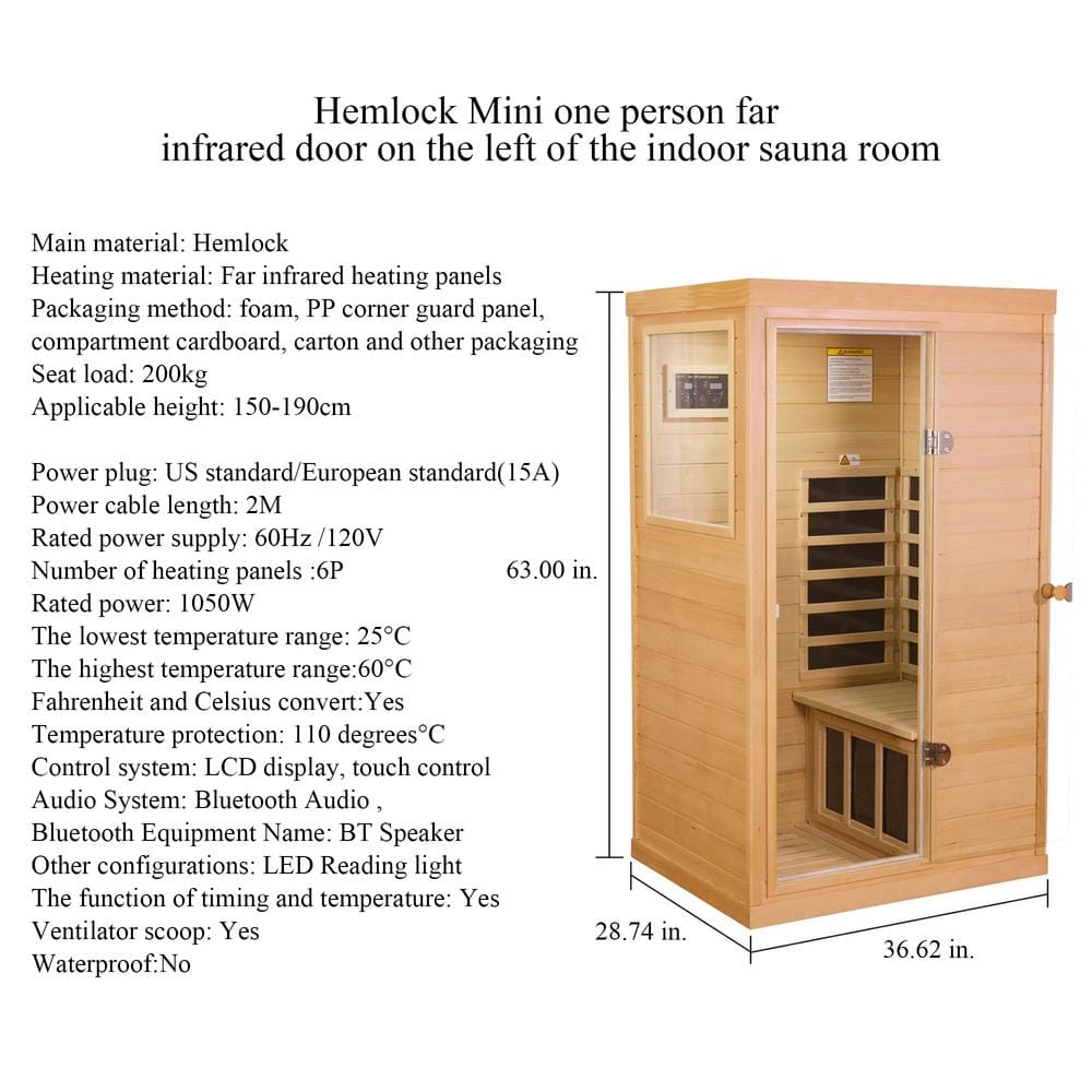 Single-Person Hemlock Wood Infrared Sauna with Carbon Heaters