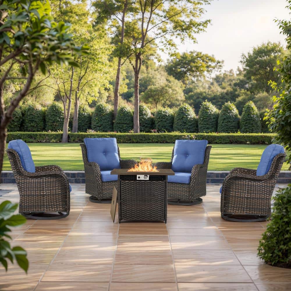 Arcline Brown 5-Piece Wicker Outdoor Dining Set with Olefin Blue Cushions Fire Pit Sets with Swivel Gliders for Patio price history on PriceWatchPro