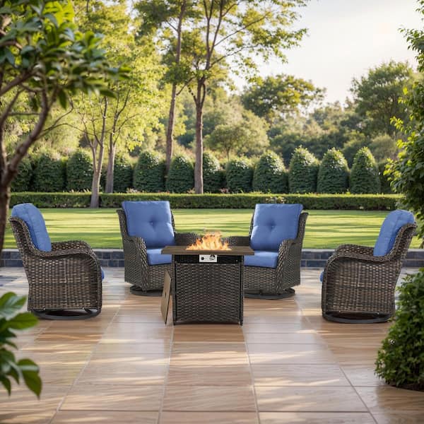 moosprr Brown 5-Piece Wicker Outdoor Dining Set with Olefin Blue Cushions Fire Pit Sets with Swivel Gliders for Patio