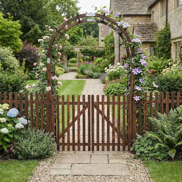 Karl home 85 in. x 133 in. Tan Wood Garden Arbor with Gate and