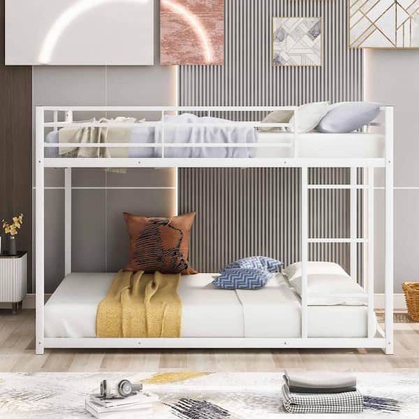 Polibi White Full Over Full Metal Bunk Bed, Low Bunk Bed with Ladder