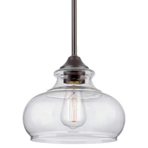 Harlow 9 in. 60-Watt 1-Light Oil-Rubbed Bronze Modern Bowl Shaped Pendant Light with Clear Shade