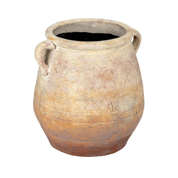 Storied Home 13 in. W x 13.8 in. H Distressed Beige Terracotta Clay Decorative Pots