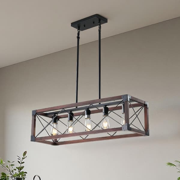 32 in. 5-Light Cage Dark Walnut Rustic Linear Chandelier for Kitchen Island with No Bulbs Included