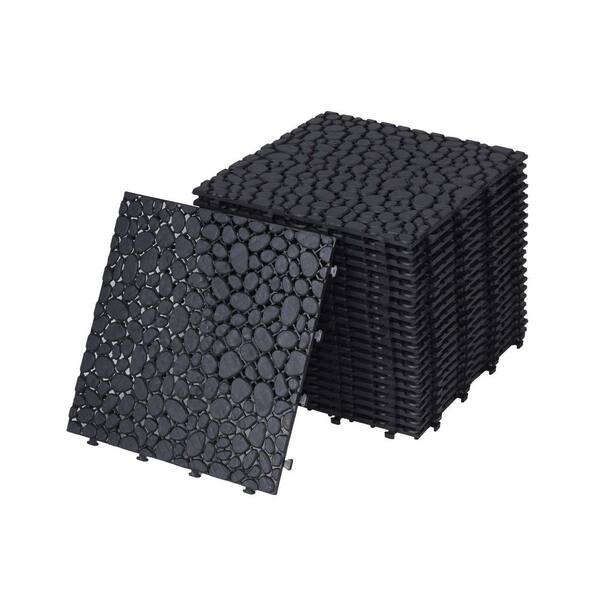 FUNKOL 12 in. x 12 in. Black Square Plastic Waterproof Bathroom Flooring, 440 lbs. Capacity, 24-Pieces (1-Pack)