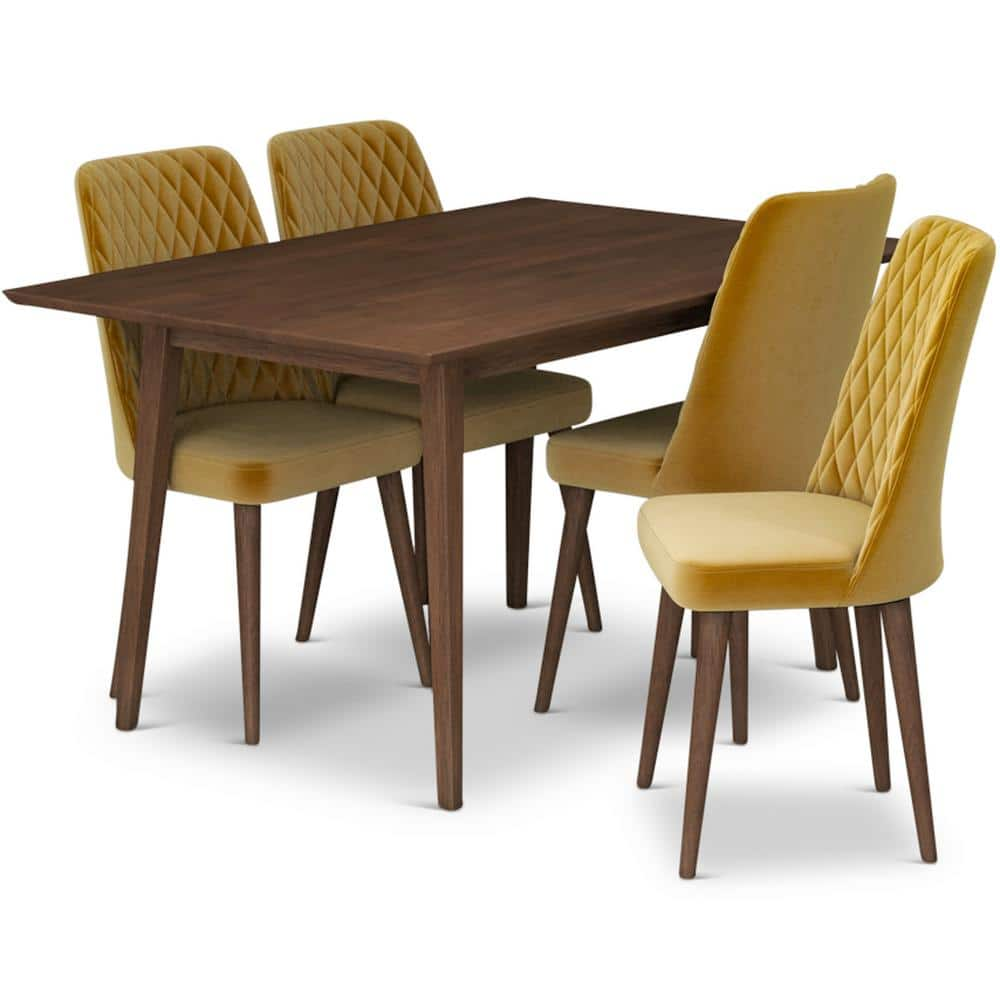 Dining Table and Chair Set Brown - 4x Velvet Dining Chairs & Wooden Dining  Table