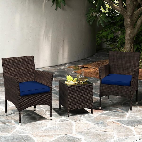 Costway 3-Piece Wicker Patio Conversation Set with Tempered Glass Tabletop and Navy Cushions