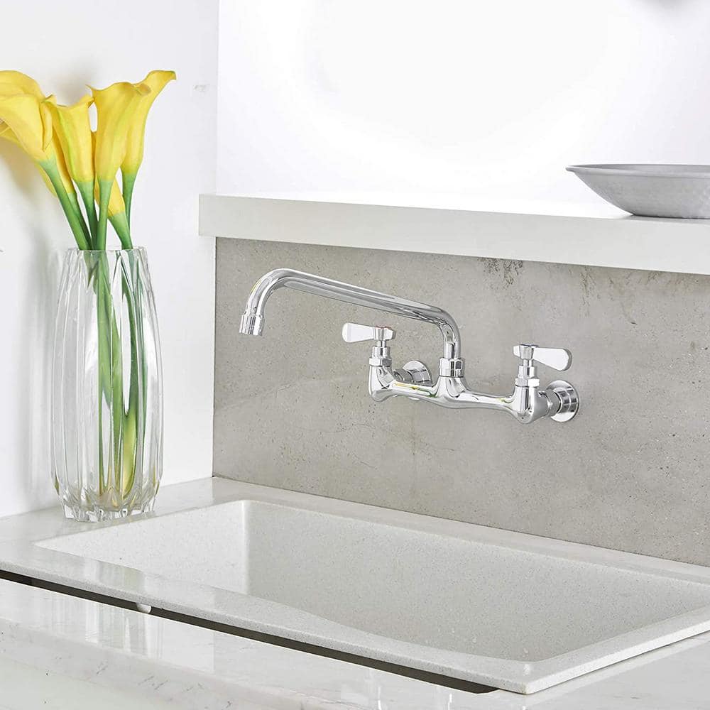 Polished Chrome Double Handle Wall Mount Kitchen Faucet with 12 Inch Swivel Spout