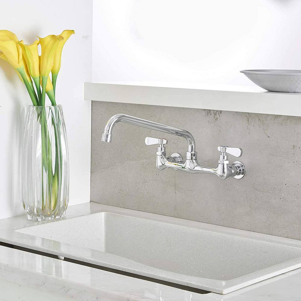 Polished Chrome Double Handle Wall Mount Kitchen Faucet with Swivel Spout