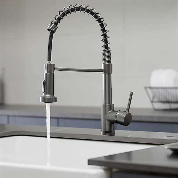 FLG Single Handle Pull Down Kitchen Faucet With Sprayer 1 Hole Kitchen Sink Faucet Brass Commercial Spring Tap in Gun Grey
