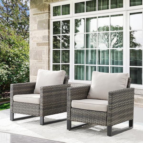 Opohoro Gray Modern Wicker Outdoor Lounge Chair, Rattan Armchair with Beige Cushions for Balcony Porch (2-Pack)