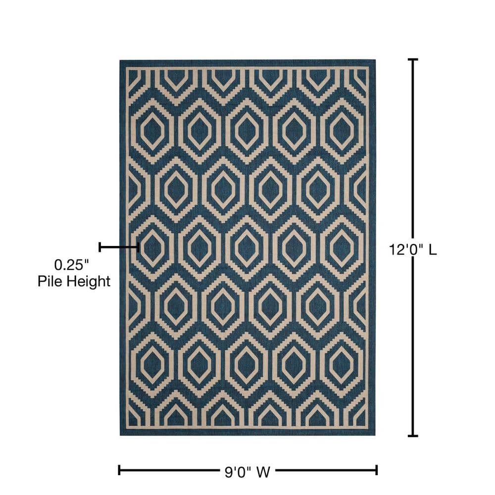Navy and Beige Honeycomb Pattern Indoor/Outdoor Rug, 9' x 12'