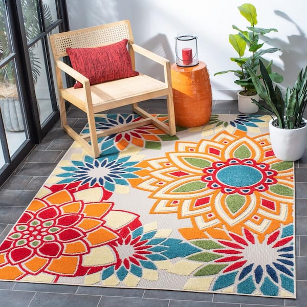 Cabana Ivory/Orange 7 ft. x 7 ft. Contemporary Retro Floral Indoor/Outdoor Patio Square Area Rug