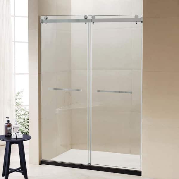 60 in. W x 72 in. H Double Sliding Frameless Shower Door in Brushed Nickel Finish with Tempered Glass