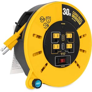 Extension Cord Reel 30 ft. 14/ 4 Outlets & 2 USB Port, Indoor/Outdoor with On/Off & Built-In Circuit Breaker Yellow Cord