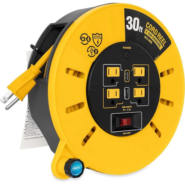 Extension Cord Reel 30 ft. 14/ 4 Outlets & 2 USB Port, Indoor/Outdoor with On/Off & Built-In Circuit Breaker Yellow Cord