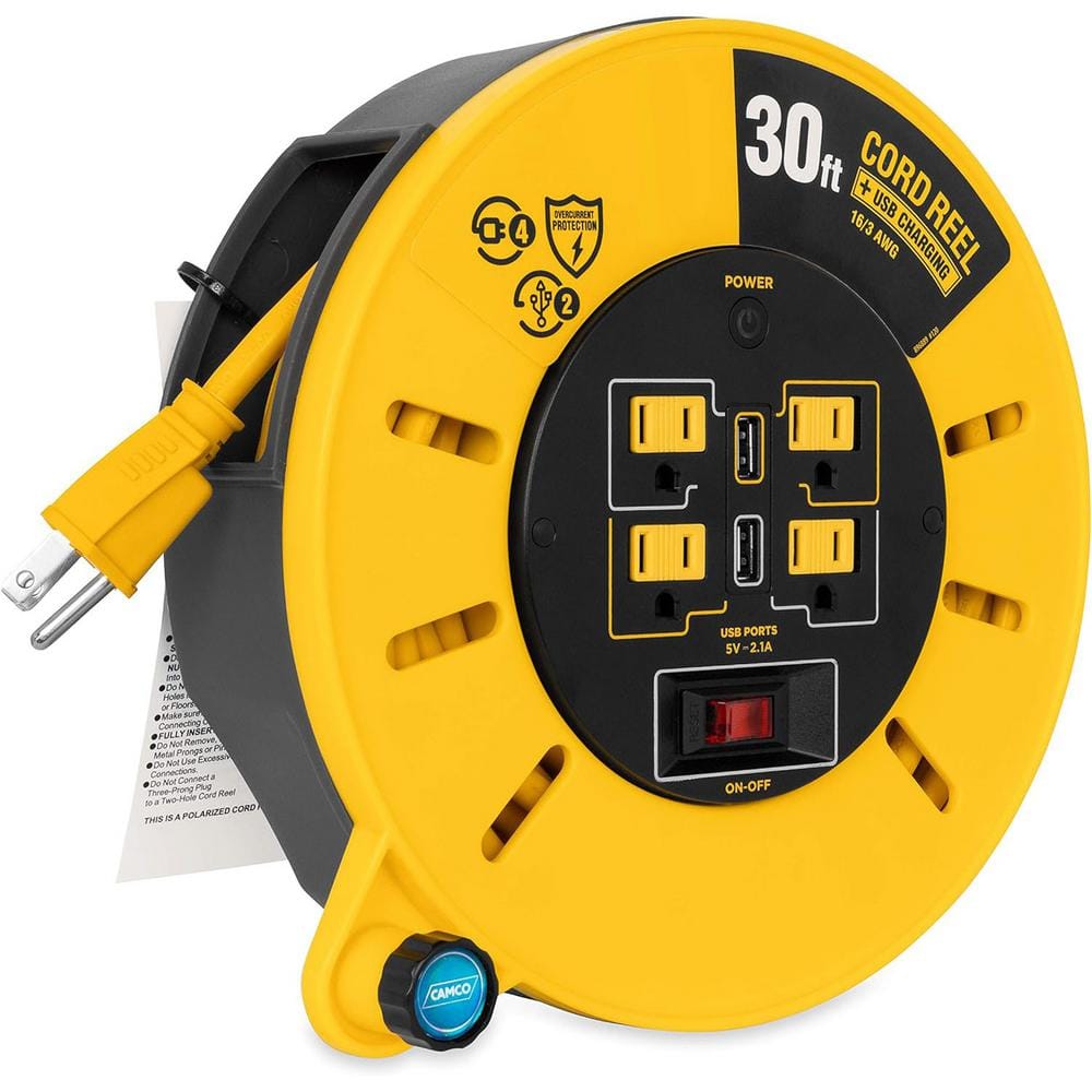 Extension Cord Reel 30 ft. 14/ 4 Outlets & 2 USB Port, Indoor/Outdoor with On/Off & Built-In Circuit Breaker Yellow Cord price history on PriceWatchPro