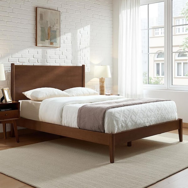 Placidus Brown Wood Frame Queen Platform Bed with Tapered Wood Leg