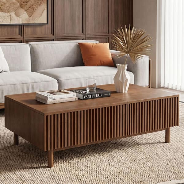 51.1 in. Walnut Rectangle Wood Coffee Table Lift Top Coffee Table Hidden Storage and 2 Drawers