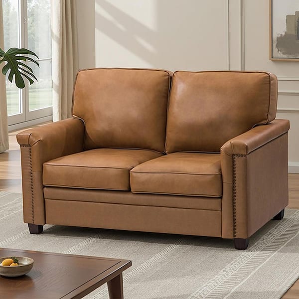 ARTFUL LIVING DESIGN Samuel 56 in. Wide Camel Leather Rectangle 2-Seat Sofa with Solid Wooden Legs