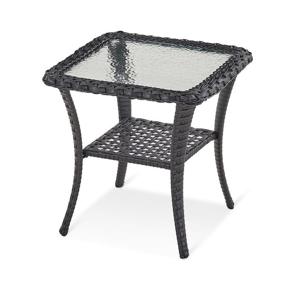 Gymojoy Carlos Black Wicker Outdoor Patio Coffee Table Square Side Table with Glass Top