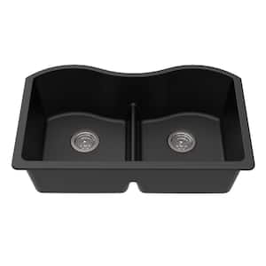 Undermount Granite Composite 33 in. x 20 in. x 9-1/2 in. Double Equal Bowl Low Divide Kitchen Sink in Black