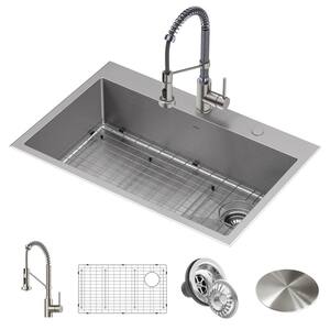 Loften All-in-One Dual Mount Stainless Steel 33in. Single Bowl Kitchen Sink with Pull Down Faucet in Chrome and Steel