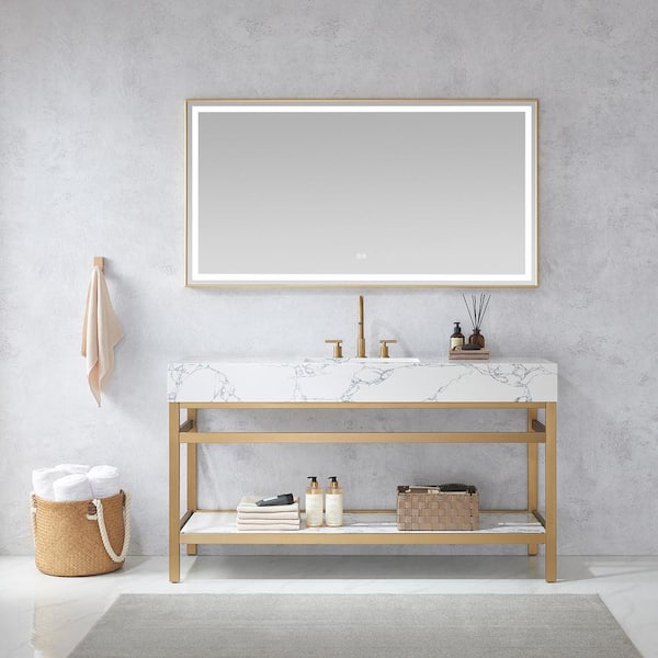 ROSWELL Ecija 60 in.W x 22 in.D x 33.9 in.H Single Sink Bath Vanity in Brushed Gold with White Stone Top