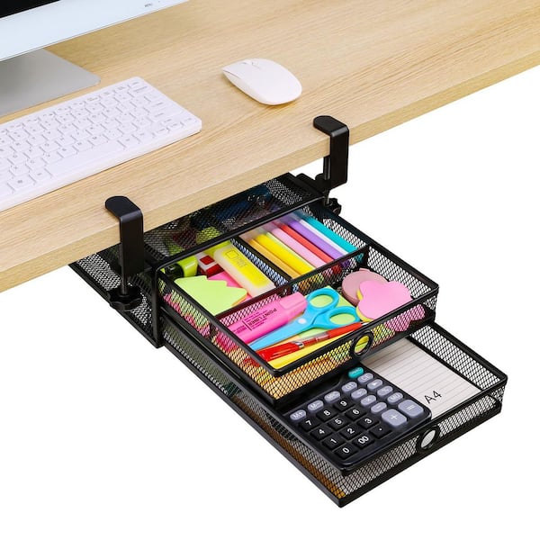 Black 12 in. x 8 in. Metal Grid Under Desk Drawer Organizer with 2-Tier Slide Out Storage for Home Office