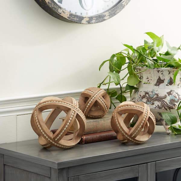Litton Lane Light Brown Wood Handmade Beaded Geometric Sculpture (Set of 3)