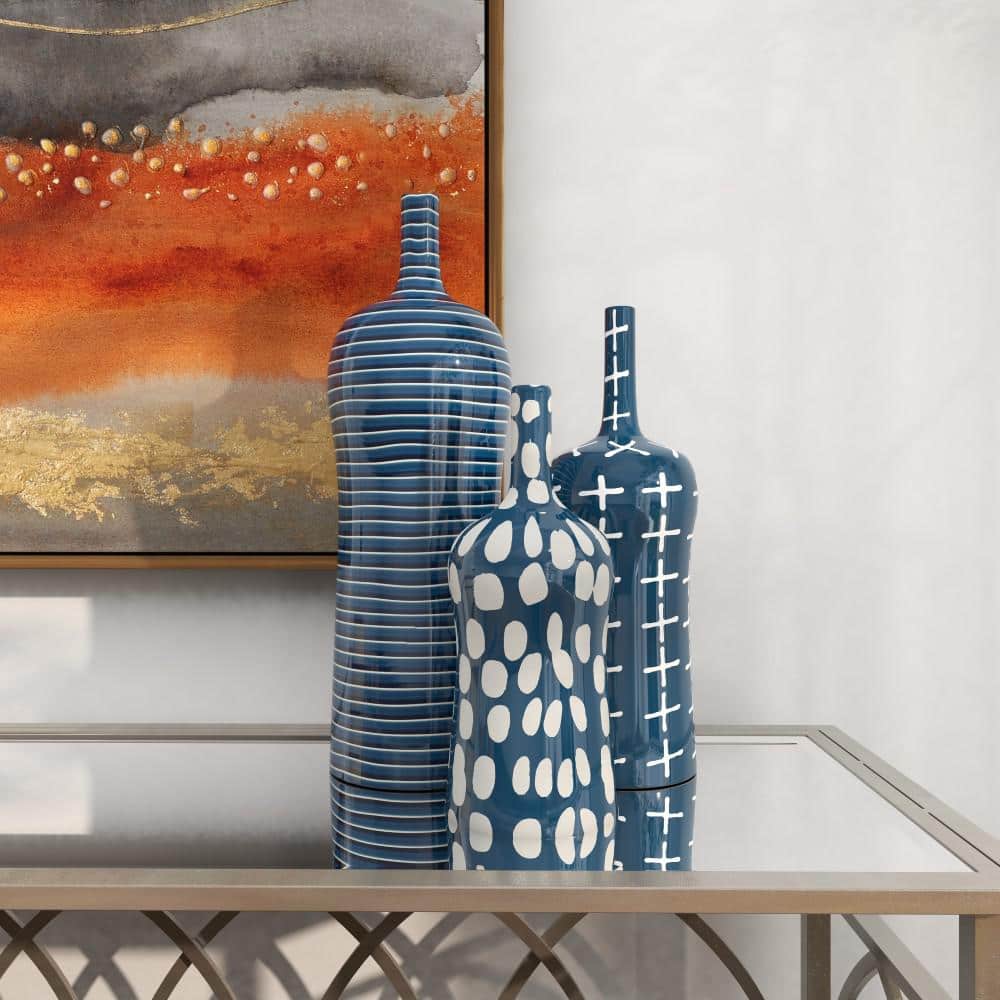 Blue and White Ceramic Bottle-Shaped Table Vase Set of Three