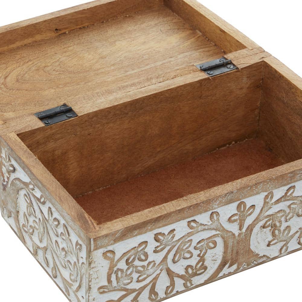 Set of 3 Brown Mango Wood Floral Decorative Boxes