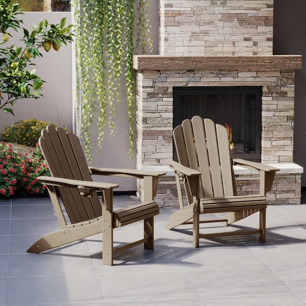 Aderson Set of 2 All Weather Fade Resistant Outdoor Patio HDPE Adirondack Chairs with Cup Holders in Weathered Wood