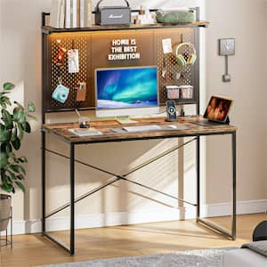 40 in. Rustic Brown Computer Desk with Hutch and Power Outlet,Home Office Desk with RGB LED Lights and Pegboard