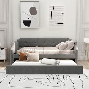 Gray Twin Size Linen Upholstered Daybed with Trundle, Twin Wood Trundle Daybed Sofa Bed for Bedroom Living Room