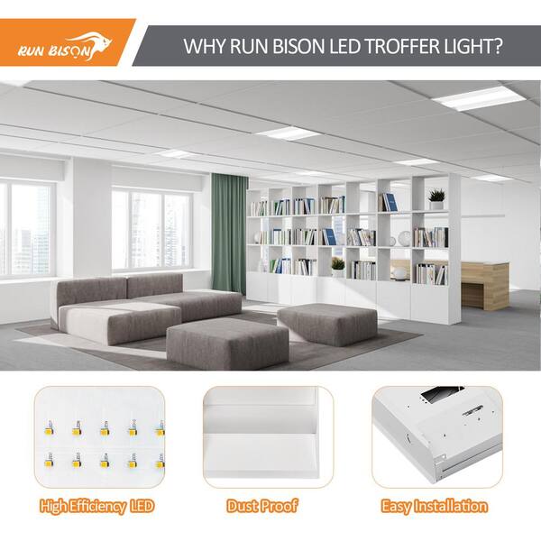 RUN BISON 2 ft. x 4 ft. 120W Equivalent White Dimmable 3500K-4000K-5000K Integrated LED Troffer Light, up to 5625-Lumens, UL