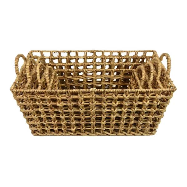 Benjara Brown Intricately 13.5 in. x 11.5 in. Wicker Woven Hyacinth Storage Baskets with Rope Handles (Set of 4 )