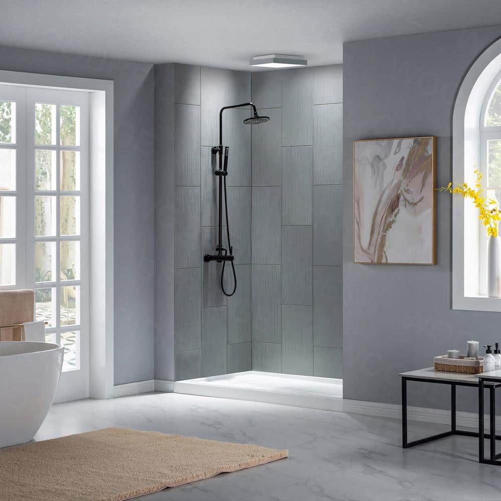 48" White Rectangular Shower Pan with Matte Black Drain Cover