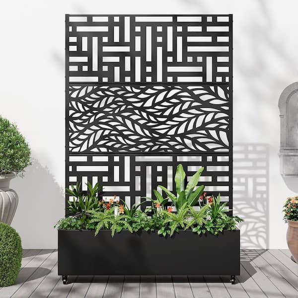 73 in. Black 3-Panel Metal Iron Planter Box with Attached Trellis for Climbing Vegetation Room Divider