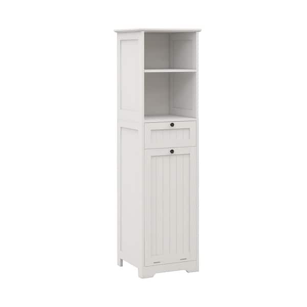 16 in. W x 14 in. D x 55 in. H White Freestanding Linen Cabinet with 1 Drawer Open Shelves and Removable Cloth Bag