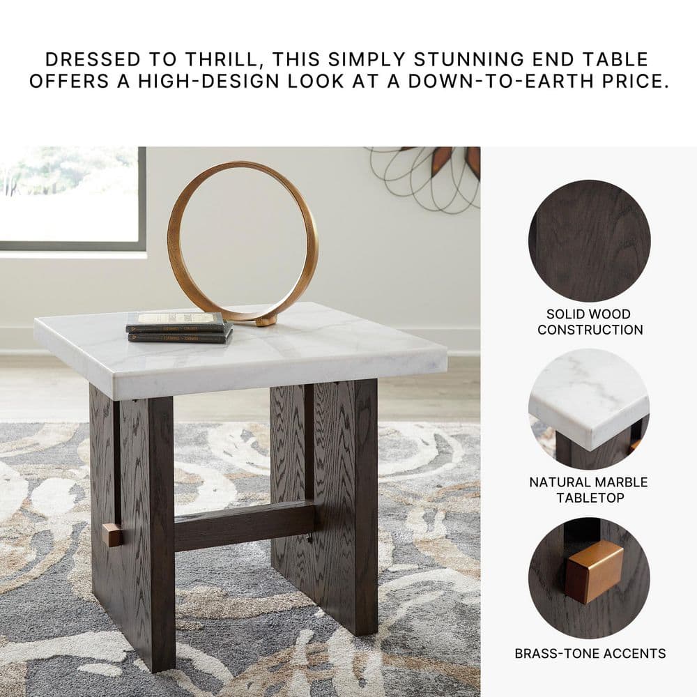 Burkhaus 26 in. White / Dark Brown Rectangle Marble End Table with Trestle Base - thumbnail 7