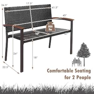 45 in. Mix Brown Weather Resistant PE Wicker Patio Outdoor Bench with Steel Legs and Acacia Wood Armrest