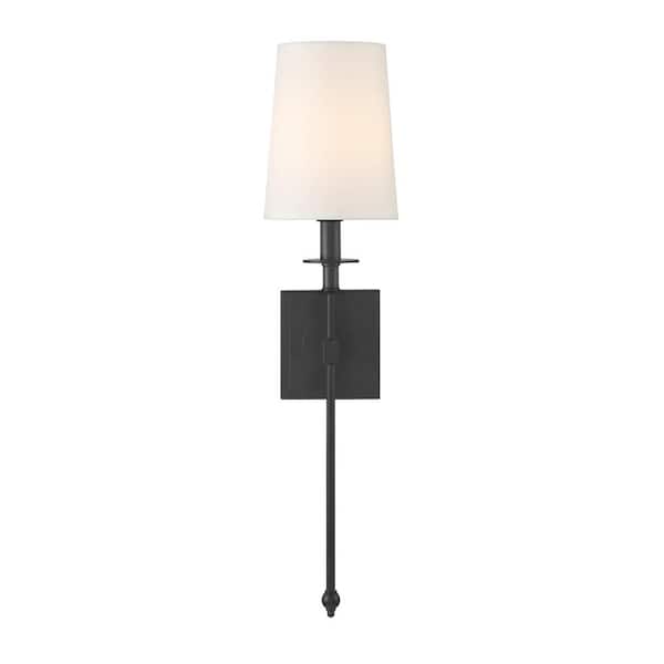 Minka Lavery Calera 1-Light Coal Black Wall Sconce with White Linen Shade