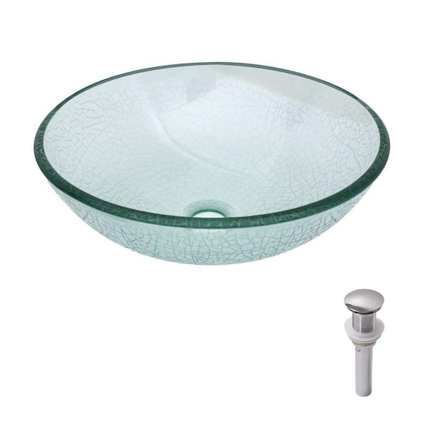 Avex 16.5 in. Round Bathroom Vessel Sink in Clear Crackle-Glass with Chrome Pop-up Drain (No Faucet)