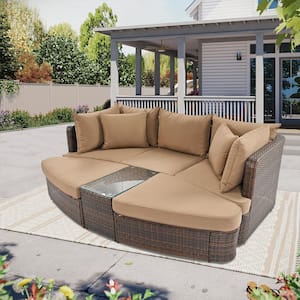 Brown 6-Piece Wicker Patio Conversation Set with Brown Cushions PE wicker Rattan Seating Group Outdoor Round Sofa