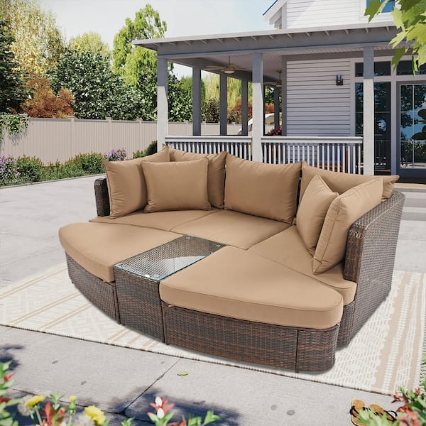 Runesay Brown 6-Piece Wicker Patio Conversation Set with Brown Cushions PE wicker Rattan Seating Group Outdoor Round Sofa