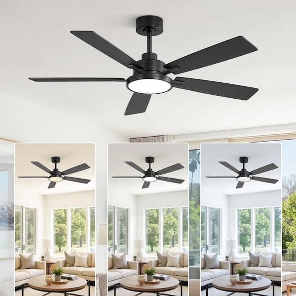 HINNIXY 52 in. Smart Indoor Black 3-Color LED 6-Speed Downrod Mound Ceiling Fan with Light Kit and Remote Control DC Motor