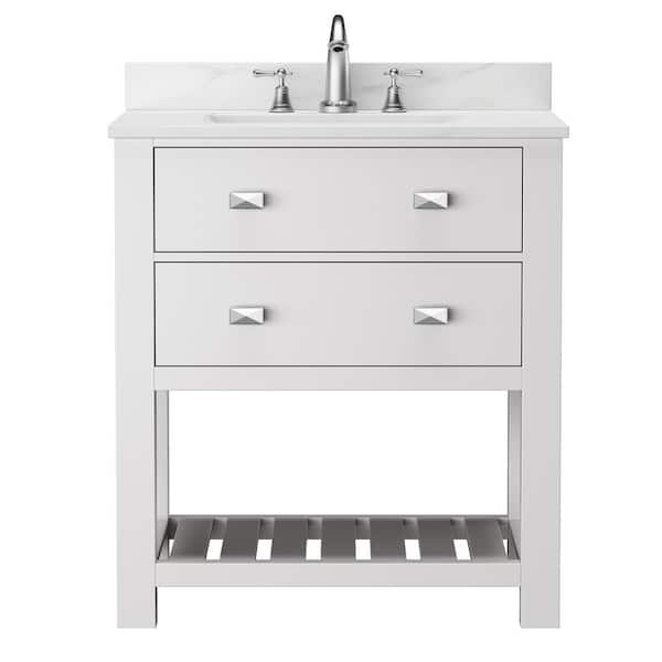 FAMYYT 30 in. W x 19 in. D x 36.6 in. H Single Sink Fully Assembled Freestanding Bath Vanity in White with White Marble Top