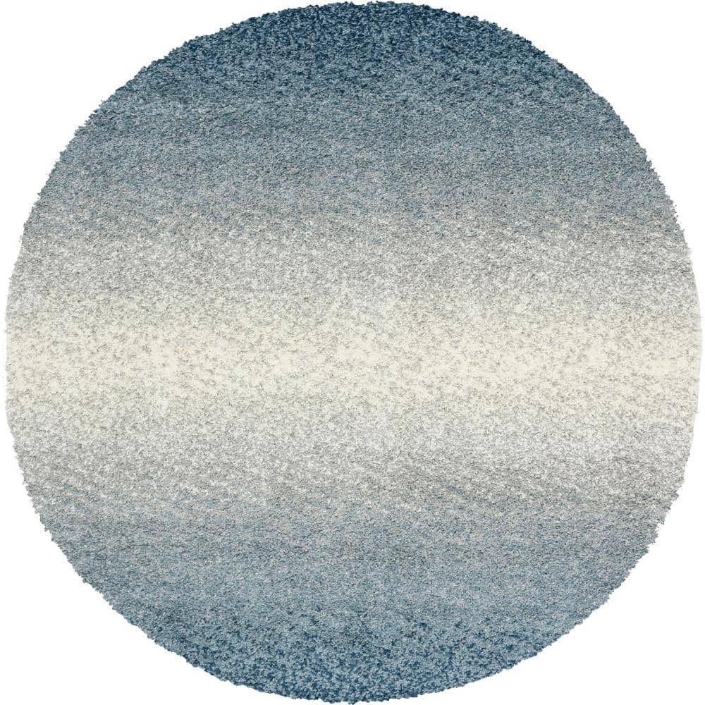Luxurious Handmade Blue Geometric Shag Round Rug, 5' Diameter