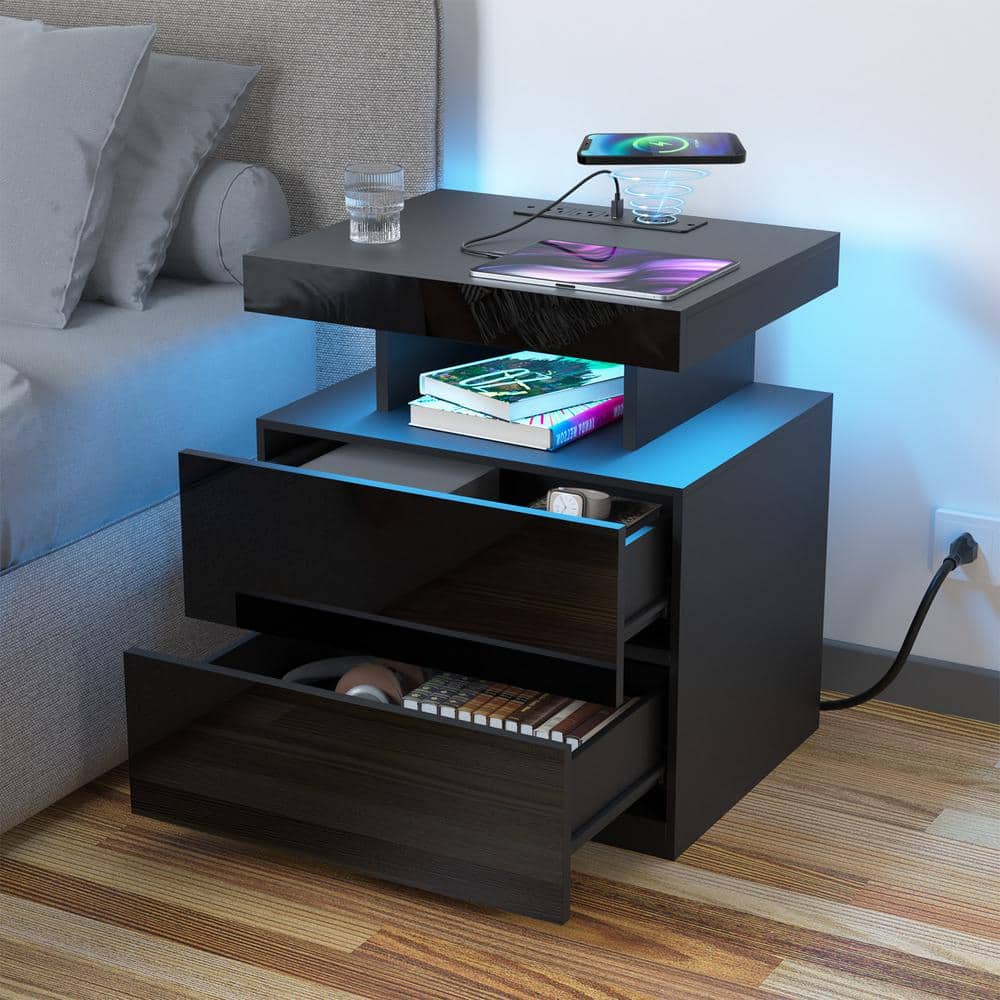 Modern Black 2-Drawer Nightstand with Wireless Charging and LED Light